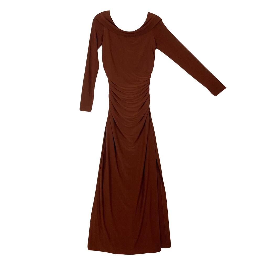 NWOT BEN DE LISI Dress US 6 Black Maxi Boat-Neck Cross Ruch Slit Side Stretch